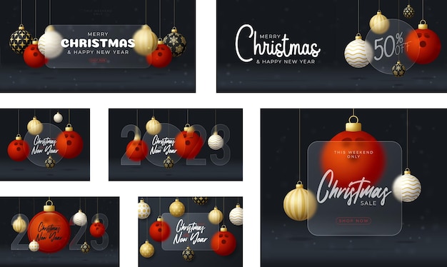 Bowling Christmas sale banner or greeting card happy new year and merry christmas sport banner with glassmorphism glassmorphism or glass morphism blur effect Realistic vector illustration