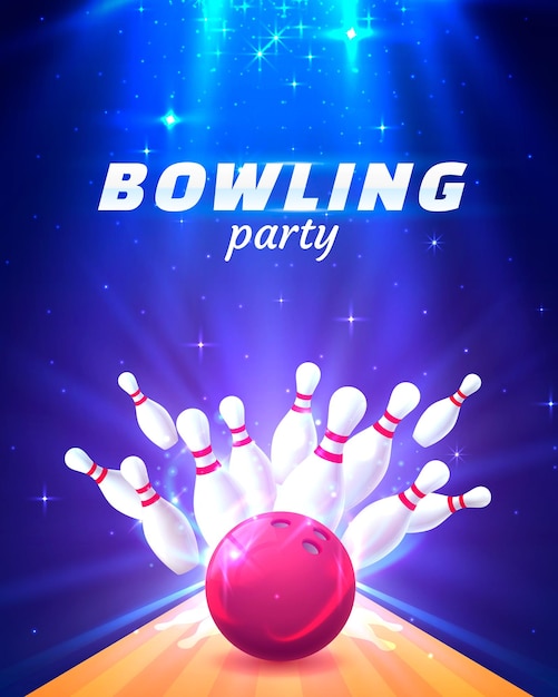 Bowling party club poster with the bright background. Vector illustration