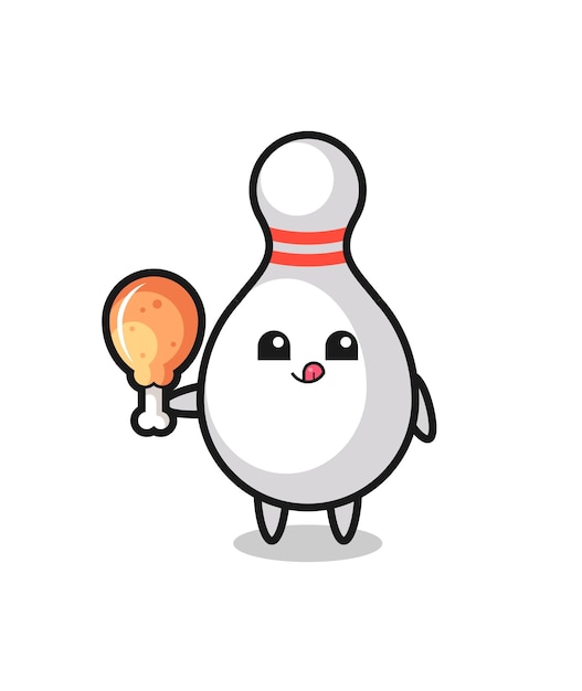 Bowling pin cute mascot is eating a fried chicken