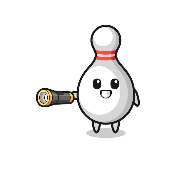 bowling pin mascot holding flashlight
