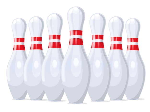 Bowling pins on bowling alley line. Illustration of bowling strike. Vector