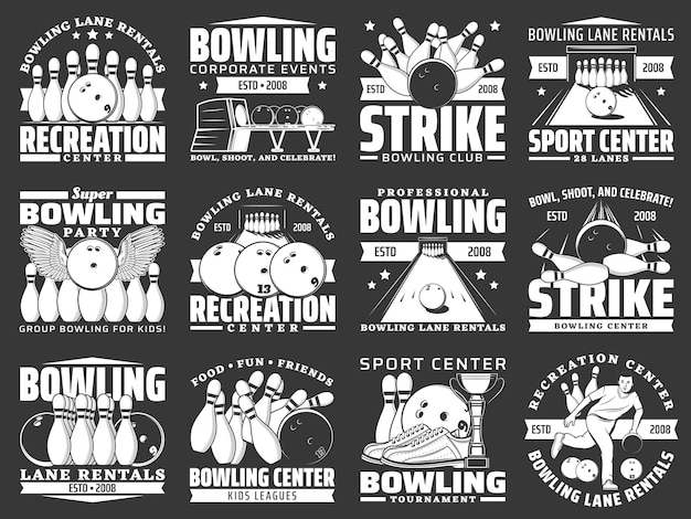 Bowling sport icons with alley balls skittles