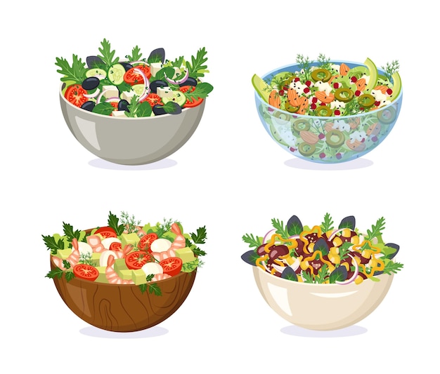 Bowls from different materials with homemade salad. Sliced vegetables herbs and healthy ingredients