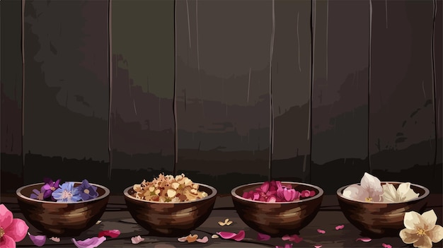 Vector bowls with dried flowers on dark wooden table vector