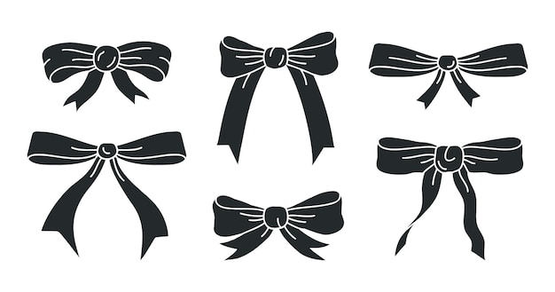 Bows silhouettes Hand drawn black silk bows for holidays gift boxes monochrome bows flat vector illustration set Birthday gifts ribbon decorations on white