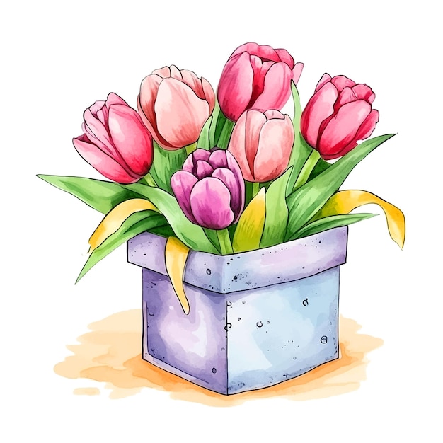 Box bouquet with tulips watercolor paint