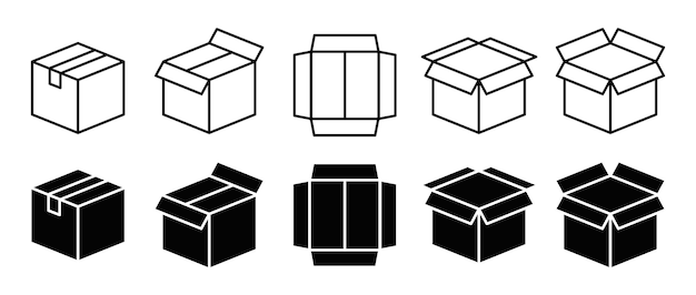 Box delivery icon set Shopping package box Cardboard box icons in flat style Vector illustration