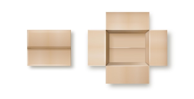 Box empty open and closed cardboard box realistic cardboard box mockup set from side front and top