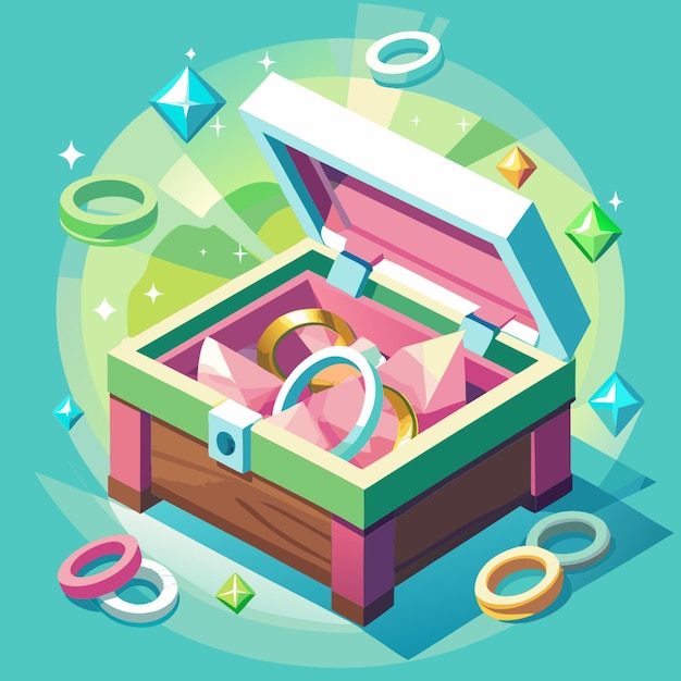 Vector a box has many wooden rings and silver rings and one diamond ring vector illustration flat 2