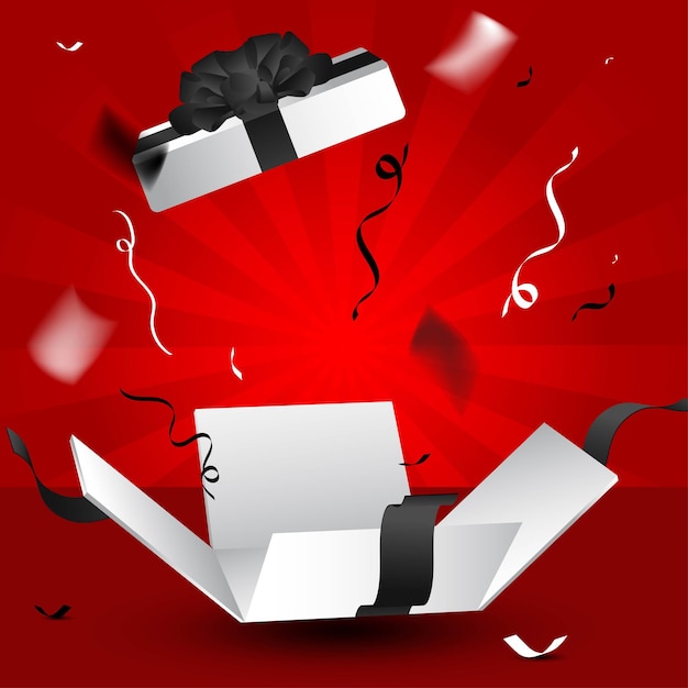 The box opens releasing an explosion of confetti red background