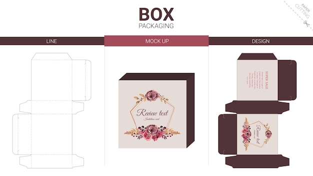 Box packaging watercolor and mockup die cut template