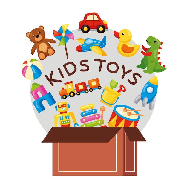 Box with kids toys icons