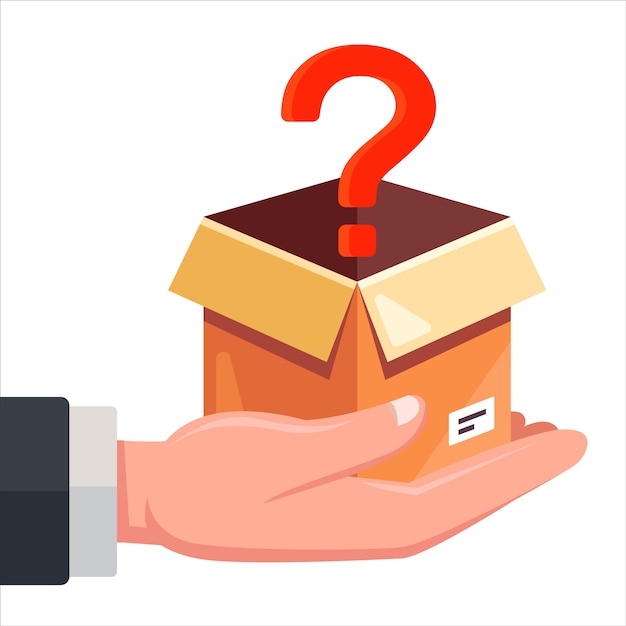 a box with a question mark lies in a person hand. flat illustration.