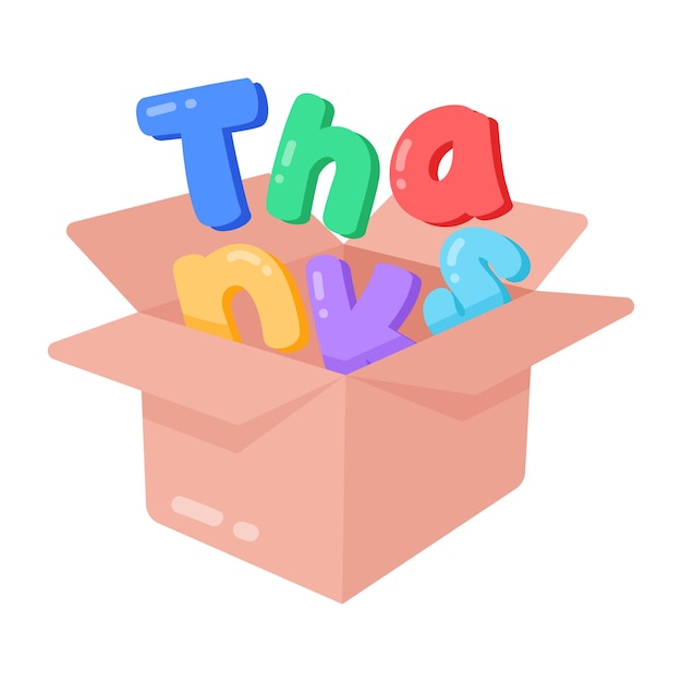 Box with the word thank in colorful letters.