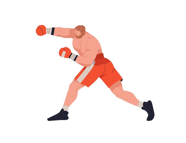 Vector boxer fighter boxing professional box athlete pinching with hand fist in glove wrestler character in attacking stance position action flat vector illustration isolated on white background