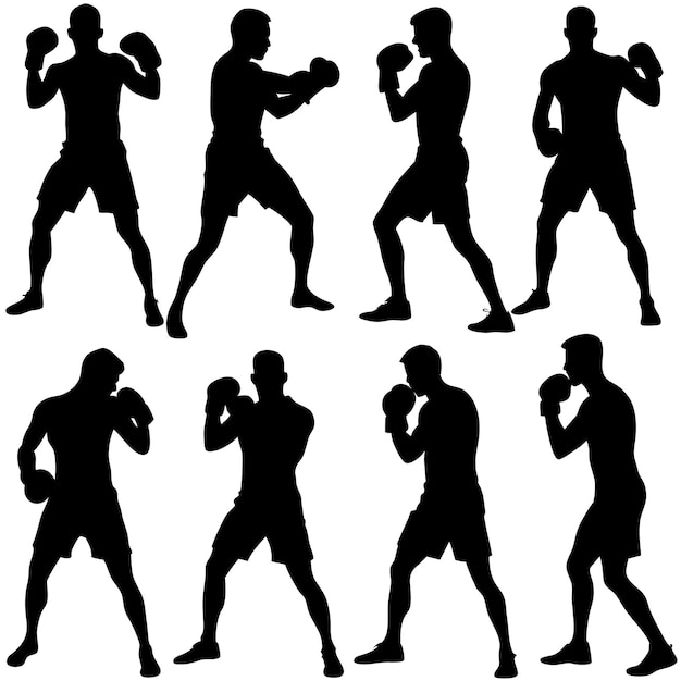 Vector boxer a set of silhouette poses black and white