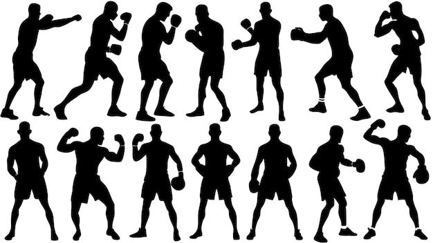 Vector boxer a set of silhouette poses black and white