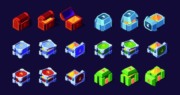 Boxes 3d Steel and wooden chest cardboard containers for surprise garish vector isometric boxes in cartoon style