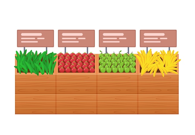 Boxes with goods products in form of vegetables and fruits