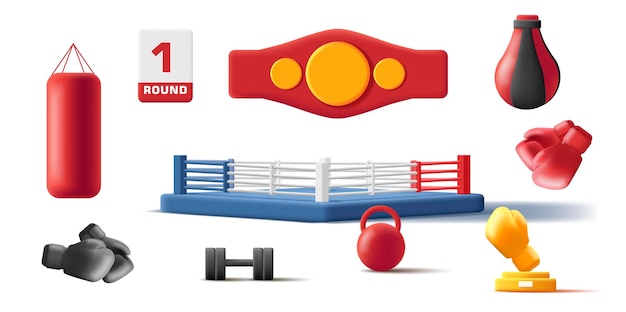 Boxing attributes 3d icons of winner belt ring and punching bags isolated