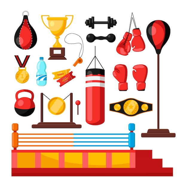 Boxing equipment and elements flat vector illustrations set