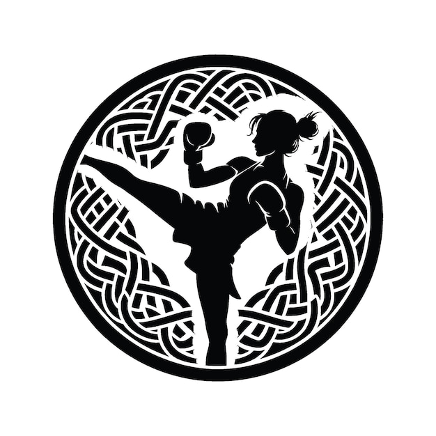 Boxing Kickboxing female player in celtic knot pattern illustration emblem shield badge