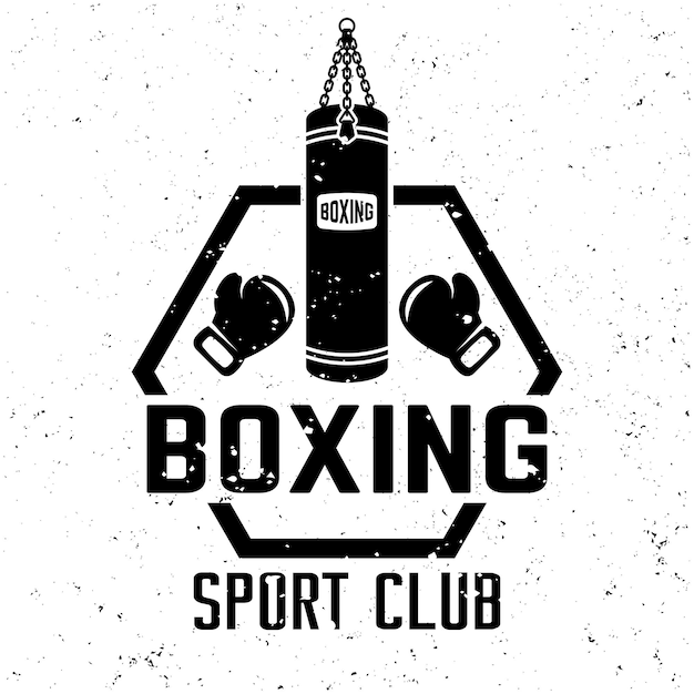 Boxing sport club championship vector monochrome emblem label badge or logo in vintage style on background with removable grunge textures