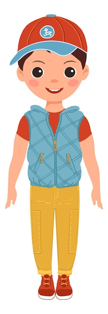 Vector boy in baseball cap and warm vest outside clothes