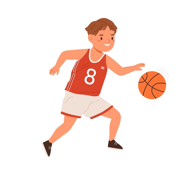 Boy, basketball player dribbling with ball. Child athlete in sportswear during sports activity. Happy active kid training. Flat vector illustration of little schoolboy isolated on white background.