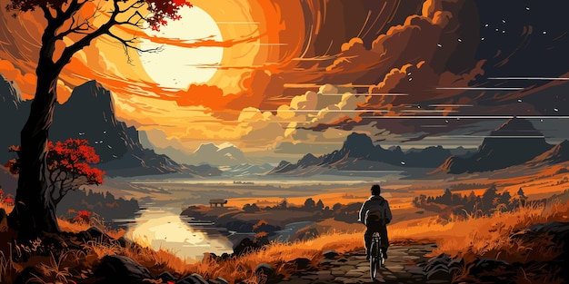 boy on a bicycle looking at the autumn view digital art style illustration painting