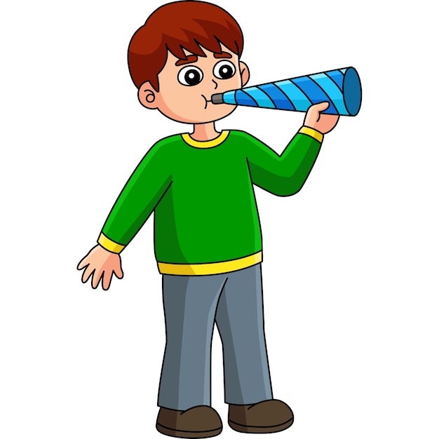 Boy Blowing New Year Trumpet Cartoon Clipart