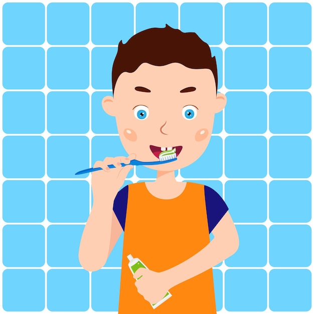 A boy brushing his teeth with a toothbrush and toothpaste on his face.