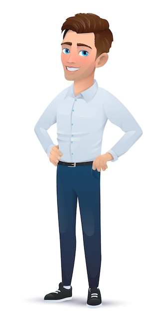 Boy in a cartoon style, isolated on a white background. Smiling man, office worker, businessman, cartoon character. Vector illustration