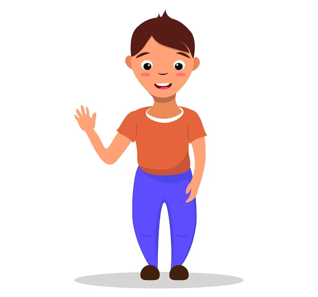 Boy character flat cartoon colorful illustration isolated icon cheerful happy funny kid in full height person greeting hand up hello gesture