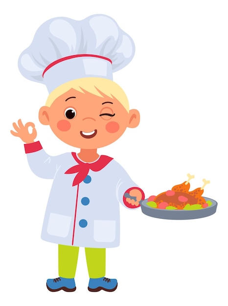 Boy chef holding roasted chicken on pan Kid cooking