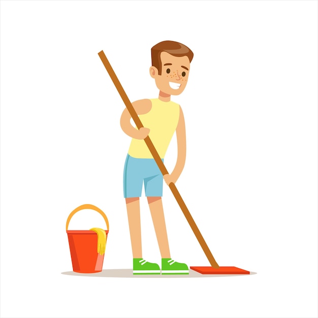 Boy Cleaning Floor With The Mop Smiling Cartoon Kid Character Helping With Housekeeping And Doing House Cleanup