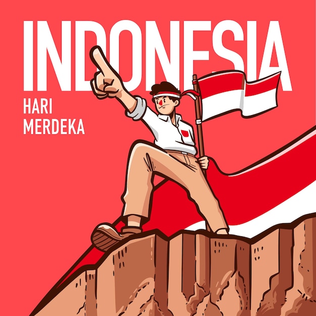 Boy on cliff holding Indonesian flag with great spirit cartoon vector illustration for kemerdekaan