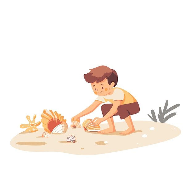 A boy collecting seashells on the beach