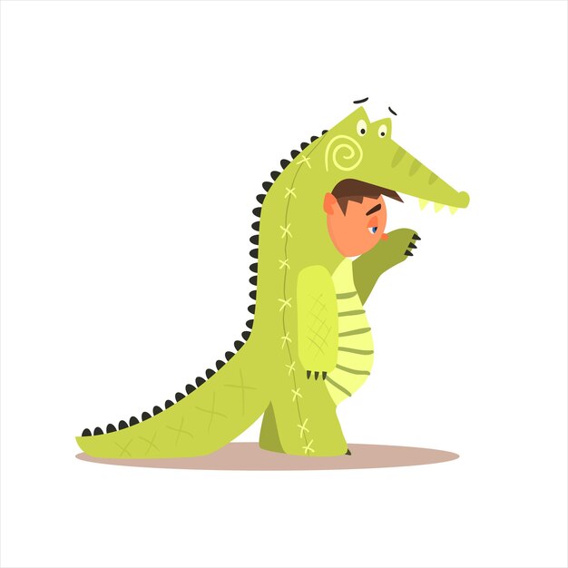 Boy Desguised As Crocodile Flat Isolated Vector Image In Cartoon Style On White Background