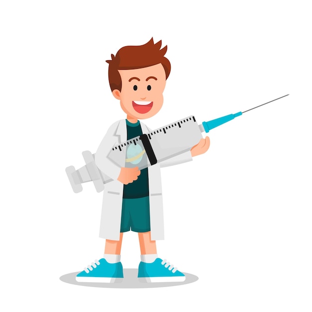 boy in a doctors coat holding a large syringe