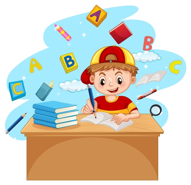 A boy doing homework with books on white background