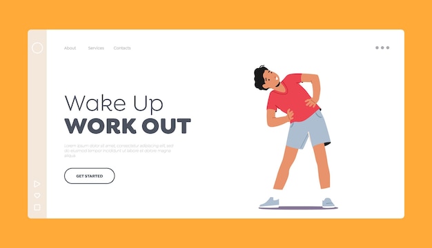 Boy Doing Morning Exercises Landing Page Template Wellness Sport and Health Concept Teenager Workout Strong Kid