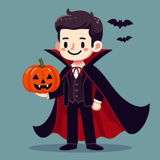 Vector a boy dressed as a vampire holds a pumpkin with bats and bats