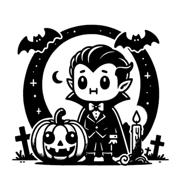 a boy dressed as a vampire sits in front of a pumpkin and a candle