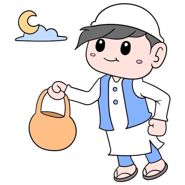 A boy dressed in Muslim Arabic on the night of the month of Ramadan, vector illustration art. doodle icon image kawaii.