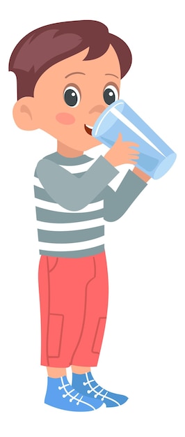 Vector boy drink water from glass cartoon thirsty kid