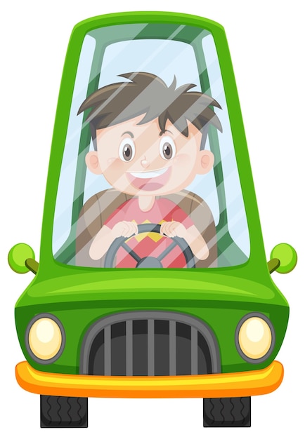 Boy driving a car on white background