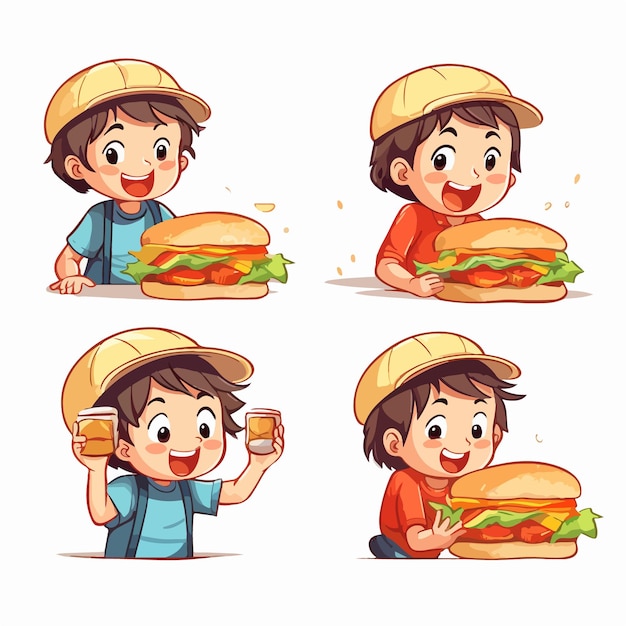 Boy eating a sandwich cartoon illustration child multipose