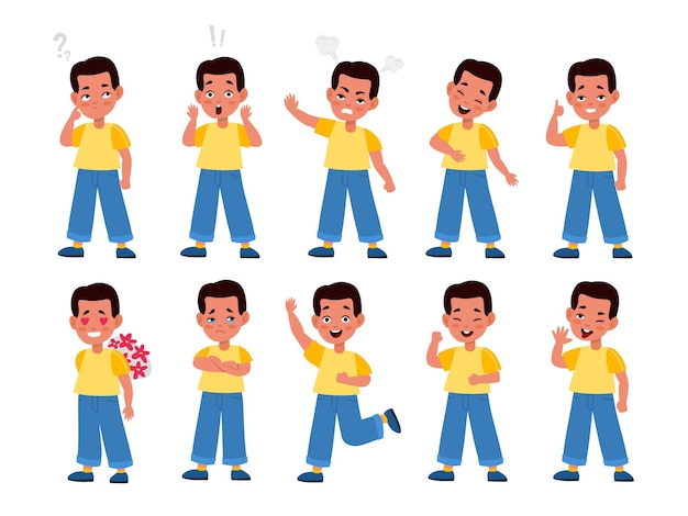 Boy emotions Child character in emotional poses face expressions teenage moods positive and negative stages Smile and sadness bored and surprised vector flat cartoon isolated set