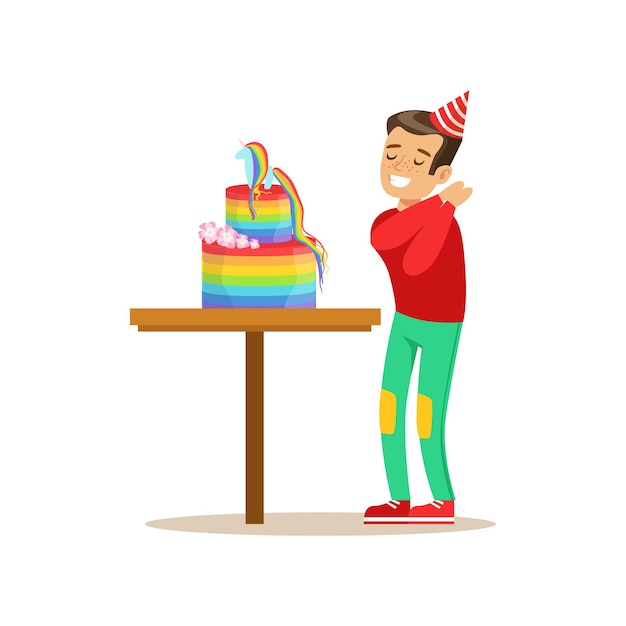 Boy Enjoying Rainbow Cake Kids Birthday Party Scene With Cartoon Smiling Character